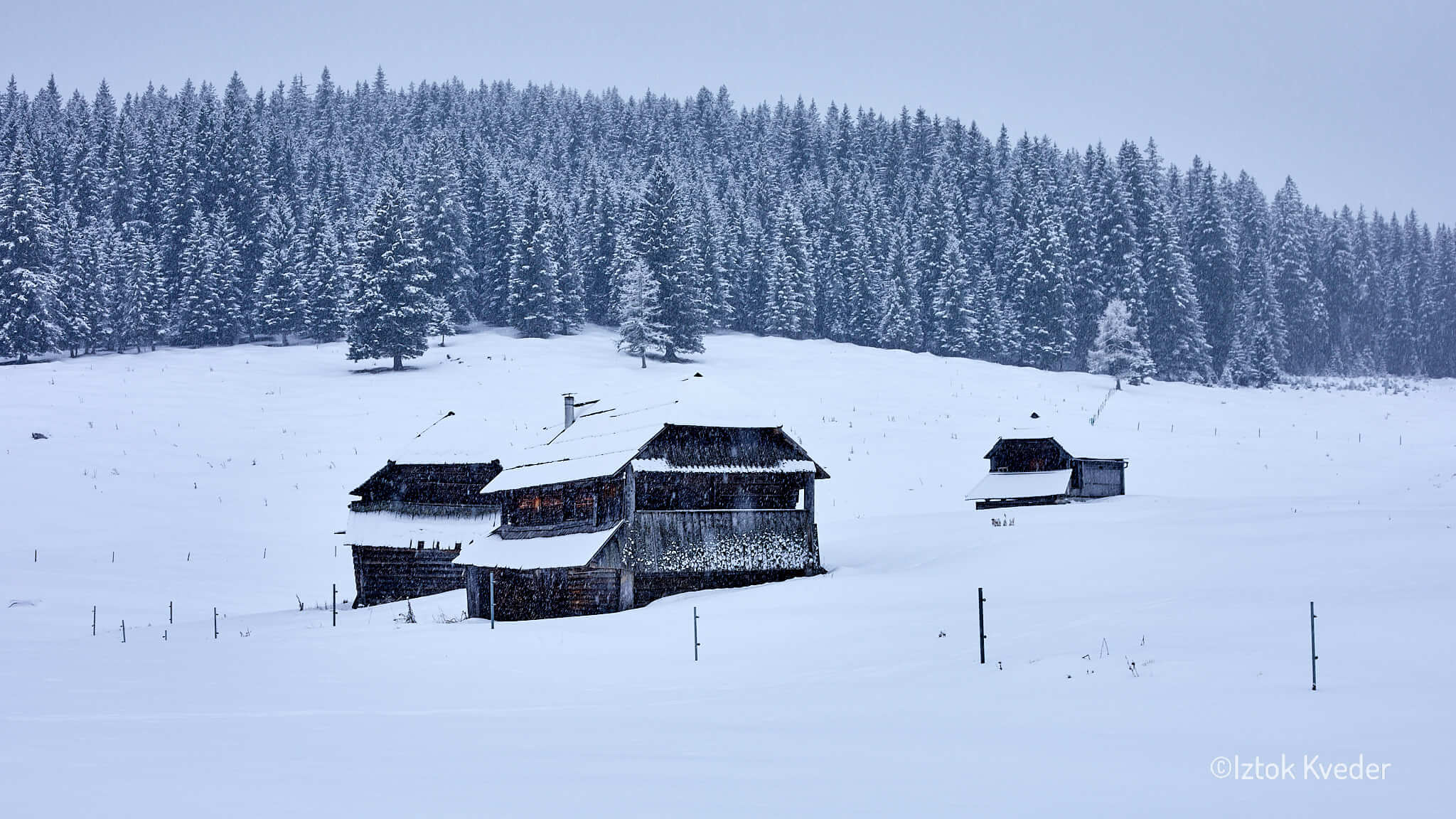 Pokljuka, Planina Javornik, pastoral architecture, shepherd huts, Slovenian Alps, winter landscape